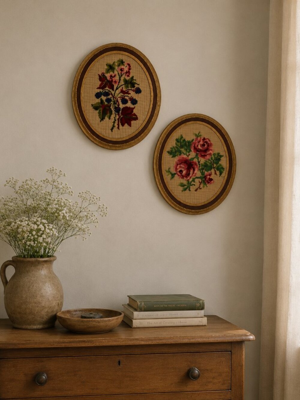 Vintage Floral Needlepoint Wall Art Set